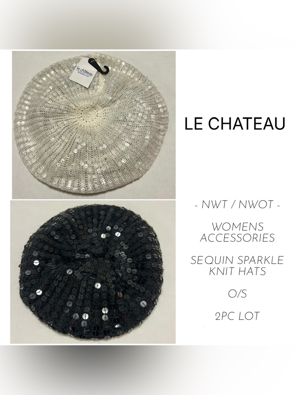 LE CHATEAU - NWT / NWOT - 2PCS - SEQUIN SPARKLE BLACK & CREAM WHITE KNIT HATS